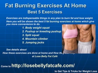 Fat Burning Exercises At Home  Best 5 Exercises   ,[object Object],[object Object],[object Object],[object Object],[object Object],[object Object],[object Object],[object Object],[object Object],[object Object],Come to  http:// losebellyfatcafe.com /   to Get Tips & Tricks for Weight Loss 