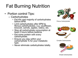 Fat Burning Nutrition <ul><li>Portion control Tips: </li></ul><ul><ul><li>Carbohydrates </li></ul></ul><ul><ul><ul><li>Eat...