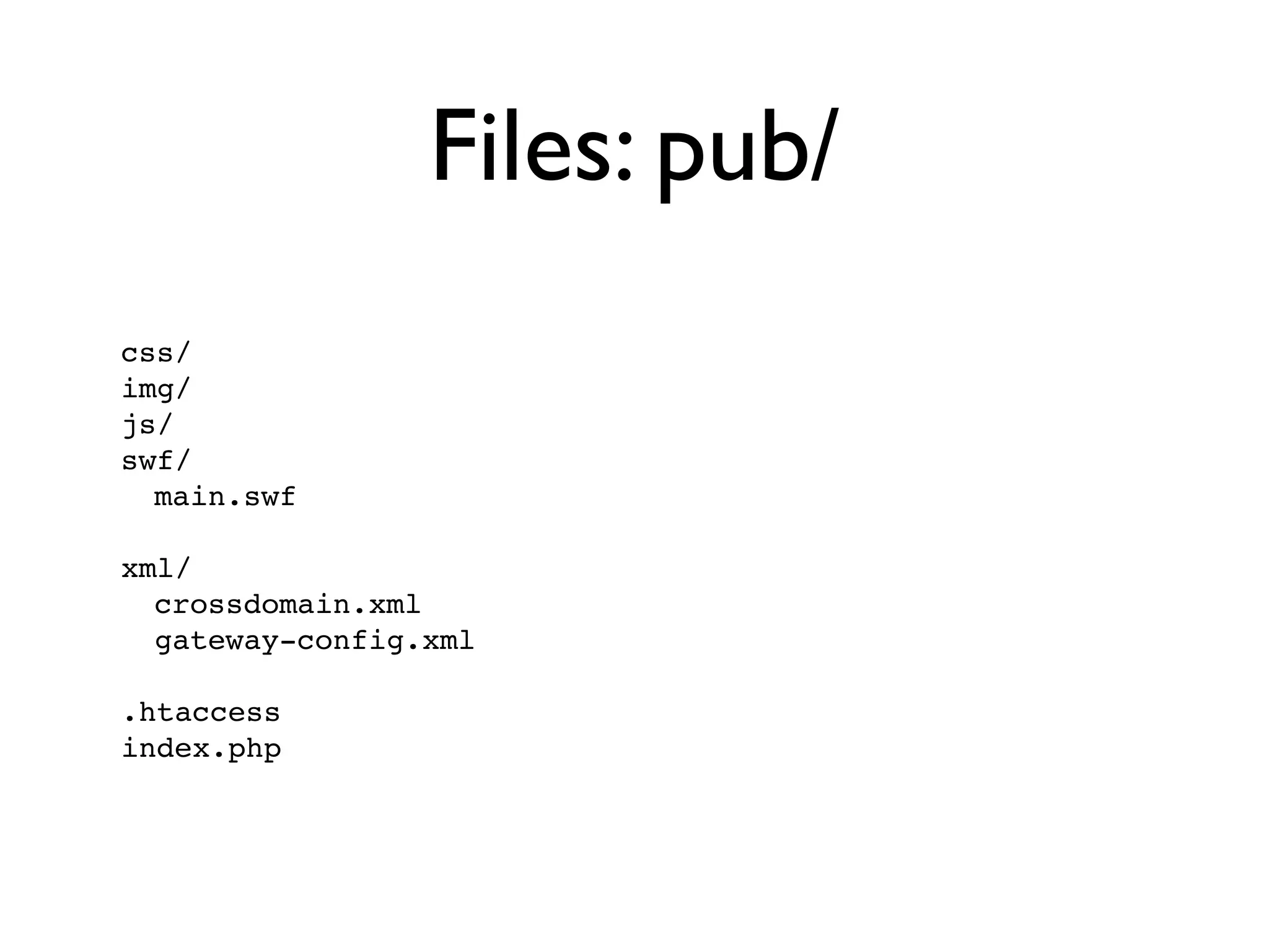 Files: pub/
css/
img/
js/
swf/
  main.swf

xml/
  crossdomain.xml
  gateway-config.xml

.htaccess
index.php
 