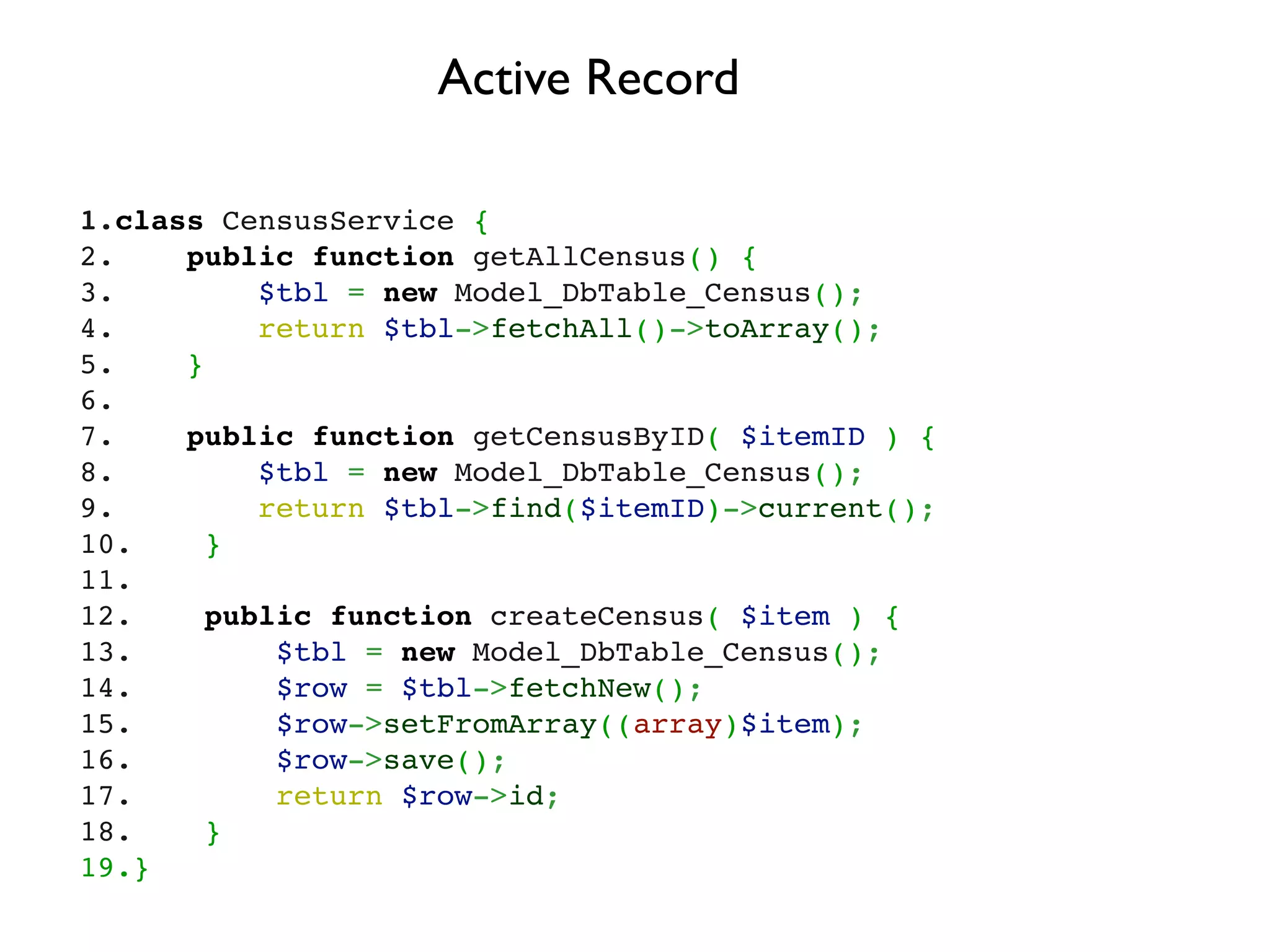 Active Record

1.class CensusService {
2.    public function getAllCensus() {
3.        $tbl = new Model_DbTable_Census();
4.        return $tbl->fetchAll()->toArray();
5.    }
6. 
7.    public function getCensusByID( $itemID ) {    
8.        $tbl = new Model_DbTable_Census();
9.        return $tbl->find($itemID)->current();
10.    }
11. 
12.    public function createCensus( $item ) {
13.        $tbl = new Model_DbTable_Census();
14.        $row = $tbl->fetchNew();
15.        $row->setFromArray((array)$item);
16.        $row->save();
17.        return $row->id;
18.    }
19.}
 