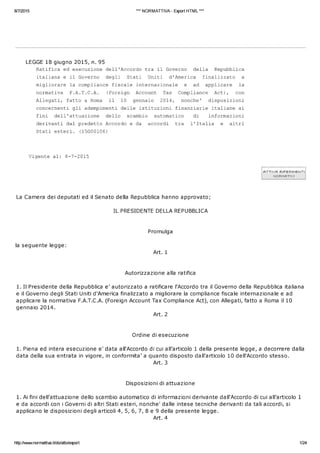 FATCA (Foreign Account Tax Compliance Act): Italia-Usa, Legge di Ratifica