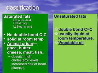 classification
Saturated fats

Lauric acid
Palmate
Stearic acid

• No double bond C-C
• solid at room temp
• Animal ori...