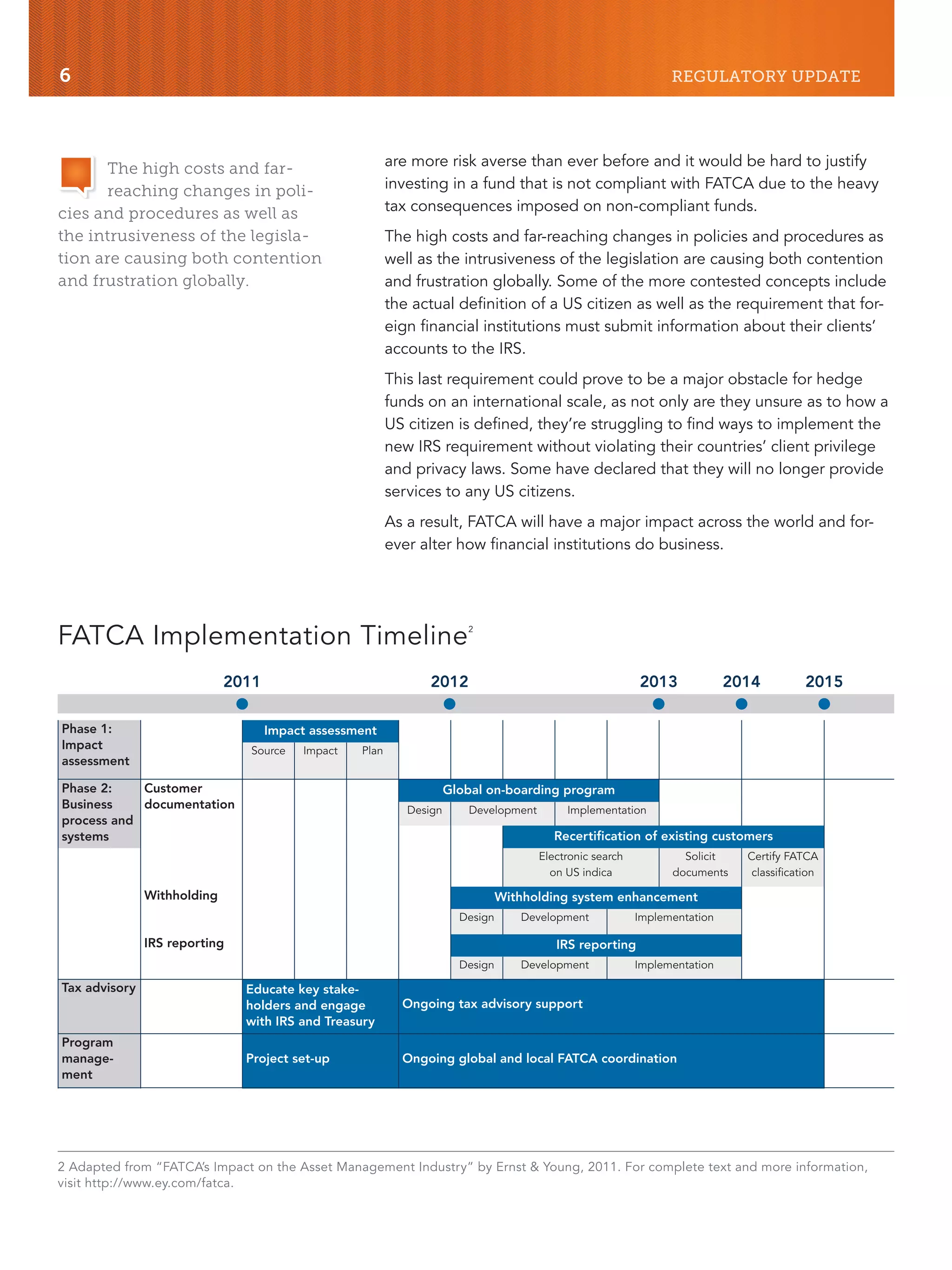 6 REGULATORY UPDATE
are more risk averse than ever before and it would be hard to justify
investing in a fund that is not compliant with FATCA due to the heavy
tax consequences imposed on non-compliant funds.
The high costs and far-reaching changes in policies and procedures as
well as the intrusiveness of the legislation are causing both contention
and frustration globally. Some of the more contested concepts include
the actual definition of a US citizen as well as the requirement that for-
eign financial institutions must submit information about their clients’
accounts to the IRS.
This last requirement could prove to be a major obstacle for hedge
funds on an international scale, as not only are they unsure as to how a
US citizen is defined, they’re struggling to find ways to implement the
new IRS requirement without violating their countries’ client privilege
and privacy laws. Some have declared that they will no longer provide
services to any US citizens.
As a result, FATCA will have a major impact across the world and for-
ever alter how financial institutions do business.
Phase 1:
Impact
assessment
Impact assessment
Source Impact Plan
Phase 2:
Business
process and
systems
Customer
documentation
Global on-boarding program
Design Development Implementation
Recertification of existing customers
Electronic search
on US indica
Solicit
documents
Certify FATCA
classification
Withholding Withholding system enhancement
Design Development Implementation
IRS reporting IRS reporting
Design Development Implementation
Tax advisory Educate key stake-
holders and engage
with IRS and Treasury
Ongoing tax advisory support
Program
manage-
ment
Project set-up Ongoing global and local FATCA coordination
2011 2012 2013 2014 2015
G G G G G
FATCA Implementation Timeline2
2 Adapted from “FATCA’s Impact on the Asset Management Industry” by Ernst & Young, 2011. For complete text and more information,
visit http://www.ey.com/fatca.
The high costs and far-
reaching changes in poli-
cies and procedures as well as
the intrusiveness of the legisla-
tion are causing both contention
and frustration globally.
 