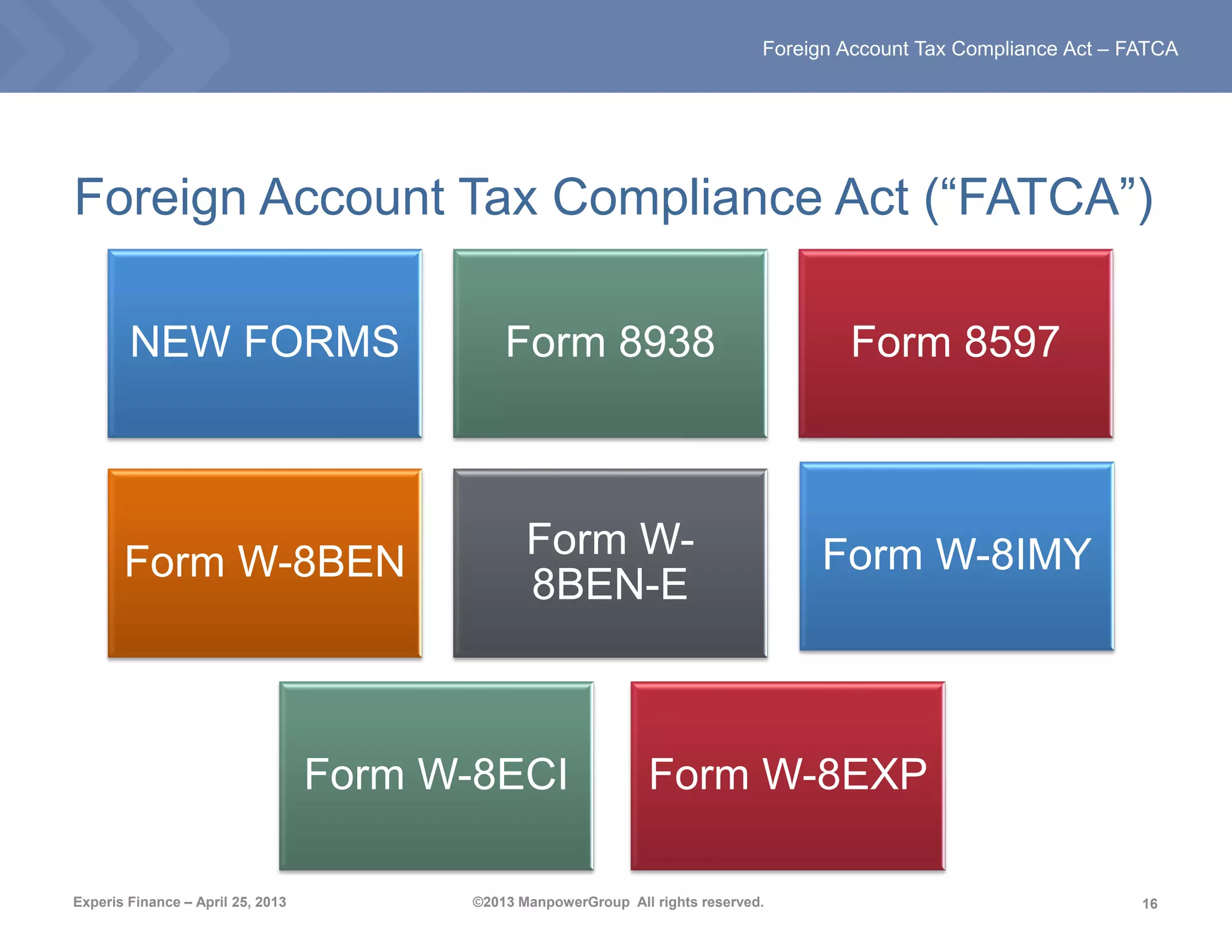 16
Foreign Account Tax Compliance Act – FATCA
Experis Finance – April 25, 2013 ©2013 ManpowerGroup All rights reserved.
Foreign Account Tax Compliance Act (“FATCA”)
NEW FORMS Form 8938 Form 8597
Form W-8BEN
Form W-
8BEN-E
Form W-8IMY
Form W-8ECI Form W-8EXP
 
