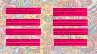 MUJERES DE CONTEXTURA GRUESA QUE LES GUSTA
FARREAR Y SON MAYORES DE 18 AÑOS
FAT PARTY CHICKS: UNA CENA GRATIS EN EL ZIN GASTROBAR Y UNA FIESTA PIVADA EN UN BUS DISCOTECA

HOMBRES DE CONTEXTURA GRUESA QUE LES GUSTA
FARREAR Y SON MAYORES DE 18 AÑOS
CHUBBY GUYS PARTY: UNA CENA DE COME TODO LO QUE
QUIERAS EN FRIDAY'S Y FIESTA PRIVADA EN UN BUS
DISCOTECA

HOMBRES SOLTEROS QUE HAN VIAJADO FUERA DEL PAIS Y
QUE SON AMISTOSOS
FOREIGN ADVENTURES: UN VIAJE A HOLANDA POR UNA
SEMANA PARA CONOCER NUEVAS PERSONAS

MUJERES EN RELACION MAYORES DE 20 QUE VIVEN EN
QUITO
HAVE FUN WITH YOUR MAN: UN CUPÓN PARA TU Y TU
PAREJA PARA UN MASAJE EN PAREJA EN ARASHA

MUJERES SOLTERAS QUE TRABAJAN Y VIVEN EN QUITO Y SON
SOCIABLES
AFTER HOURS: UNA TARDE DE JUEVES CON TRAGOS
ILIMITADOS EN SU BAR FAVORITO DE LA CIUDAD

HOMBRES Y MUJERES SOLTEROS/AS AMISTOSOS/AS
MAYORES DE 20, ESTUDIANTES
PARTY ALL NIGHT: UNA MEMBRESÍA EN CUALQUIER
DISCOTECA DE QUITO PARA FARREAR GRATIS UN MES

MUJERES DE CONTEXTURA NORMAL A GRUESA QUE
ESTUDIAN EN LA USFQ
LOSE POUNDS: UNA MEMEBRESÍA POR UN SEMESTRE EN
EL PHYSIQUE DEL PASEO

HOMBRES DE CONTEXTURA NORMAL A GRUESA QUE
ESTUDIAN EN LA USFQ
LOSE POUNDS: UNA MEMEBRESÍA POR UN SEMESTRE EN
EL PHYSIQUE DEL PASEO

 