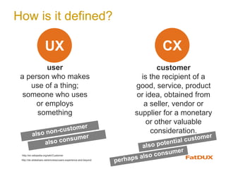 How is it defined?
CXUX
http://en.wikipedia.org/wiki/Customer
customer
is the recipient of a
good, service, product
or idea, obtained from
a seller, vendor or
supplier for a monetary
or other valuable
consideration.
http://de.slideshare.net/ericreiss/users-experience-and-beyond
user
a person who makes
use of a thing;
someone who uses
or employs
something
 