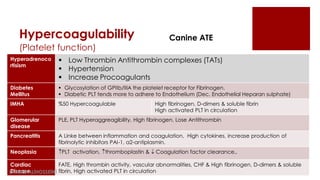Hypercoagulability
(Platelet function)
Canine ATE
Hyperadrenoco
rtisism
 Low Thrombin Antithrombin complexes (TATs)
 Hypertension
 Increase Procoagulants
Diabetes
Mellitus
 Glycosylation of GPIIb/IIIA the platelet receptor for Fibrinogen.
 Diabetic PLT tends more to adhere to Endothelium (Dec. Endothelial Heparan sulphate)
IMHA %50 Hypercoagulable High fibrinogen, D-dimers & soluble fibrin
High activated PLT in circulation
Glomerular
disease
PLE, PLT Hyperaggreagibility, High fibrinogen, Lose Antithrombin
Pancreatitis A Linke between inflammation and coagulation, High cytokines, increase production of
fibrinolytic inhibitors PAI-1, a2-antiplasmin.
Neoplasia PLT activation, thromboplastin &  Coagulation factor clearance,.
Cardiac
Disease
FATE, High thrombin activity, vascular abnormalities, CHF & High fibrinogen, D-dimers & soluble
fibrin, High activated PLT in circulationDr.Hadi ALİHOSSEİNİ
 