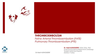THROMBOEMBOLİSM
Feline Arterial Thromboembolism (FATE)
Pulmonary Thromboembolism (PTE)
Dr. Hadi ALİHOSSEİNİ, DVM, DVSc, PhD
Small Animal Internal Medicine & Cardiology,
Terapist Veterinary Hospital
Istanbul / TurkeyDr.Hadi ALİHOSSEİNİ
 