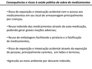 Consequências e riscos à saúde pública da sobra de medicamentos
• Risco de exposição e intoxicação acidental com o acesso aos
medicamentos em seu local de armazenagem principalmente
por crianças;
• Reuso indevido dos medicamentos através da auto-medicação,
podendo gerar graves reações adversas;
• Reuso de embalagens facilitando a pirataria e a falsificação
de medicamentos;
• Risco de exposição e intoxicação acidental através da exposição
de pessoas, principalmente carentes, em lixões e terrenos;
•Agressão ao meio ambiente por descarte indevido.
 