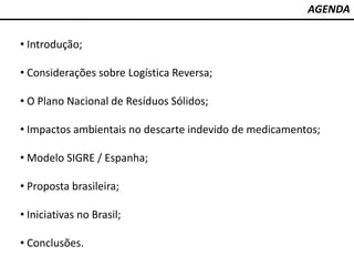 AGENDA
• Introdução;
• Considerações sobre Logística Reversa;
• O Plano Nacional de Resíduos Sólidos;
• Impactos ambientais no descarte indevido de medicamentos;
• Modelo SIGRE / Espanha;
• Proposta brasileira;
• Iniciativas no Brasil;
• Conclusões.
 