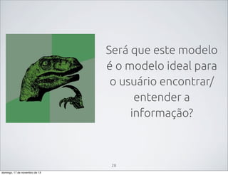 Será que este modelo
é o modelo ideal para
o usuário encontrar/
entender a
informação?

28
domingo, 17 de novembro de 13

 