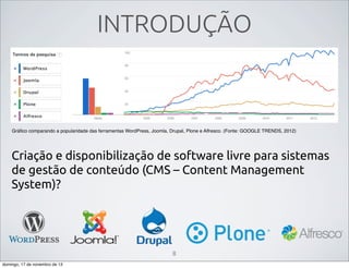INTRODUÇÃO

Gráﬁco comparando a popularidade das ferramentas WordPress, Joomla, Drupal, Plone e Alfresco. (Fonte: GOOGLE TRENDS, 2012)

Criação e disponibilização de software livre para sistemas
de gestão de conteúdo (CMS – Content Management
System)?

8
domingo, 17 de novembro de 13

 