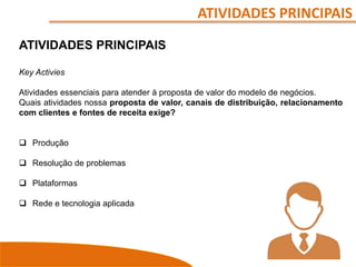 ATIVIDADES PRINCIPAIS
ATIVIDADES PRINCIPAIS
Key Activies
Atividades essenciais para atender à proposta de valor do modelo de negócios.
Quais atividades nossa proposta de valor, canais de distribuição, relacionamento
com clientes e fontes de receita exige?
 Produção
 Resolução de problemas
 Plataformas
 Rede e tecnologia aplicada
 