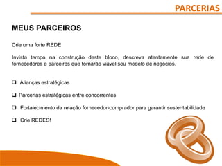 PARCERIAS
MEUS PARCEIROS
Crie uma forte REDE
Invista tempo na construção deste bloco, descreva atentamente sua rede de
fornecedores e parceiros que tornarão viável seu modelo de negócios.
 Alianças estratégicas
 Parcerias estratégicas entre concorrentes
 Fortalecimento da relação fornecedor-comprador para garantir sustentabilidade
 Crie REDES!
 