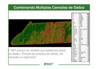 Combinando Múltiplas Camadas de Dados




• SST possui um modelo que padroniza todos
os dados. Precisa de análises do talhão, da
fazenda ou regionais?
 