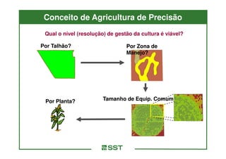 Conceito de Agricultura de Precisão
 Qual o nível (resolução) de gestão da cultura é viável?

Por Talhão?                      Por Zona de
                                 Manejo?




 Por Planta?            Tamanho de Equip. Comum?
 