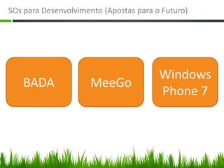 SOs para Desenvolvimento (Apostas para o Futuro)




                                        Windows
   BADA              MeeGo
                                        Phone 7
 
