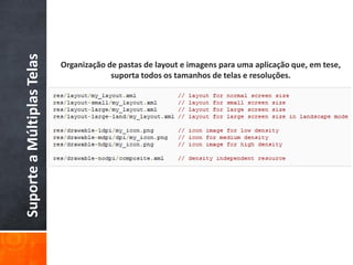 Suporte a Múltiplas Telas
                            Organização de pastas de layout e imagens para uma aplicação que, em tese,
                                         suporta todos os tamanhos de telas e resoluções.
 