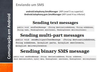 Enviando um SMS
                              android.telephony.SmsManager (API Level 5 ou superior)
                             Android.telephony.gsm.SmsManager (API Level 4 ou inferior)
Comunicação em Android
 