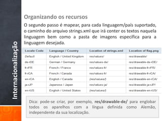 Organizando os recursos
                      O segundo passo é mapear, para cada linguagem/país suportado,
                      o caminho do arquivo strings.xml que irá conter os textos naquela
                      linguagem bem como a pasta de imagens específica para a
                      linguagem desejada.
Internacionalização




                        Dica: pode-se criar, por exemplo, res/drawable-de/ para englobar
                        todos os aparelhos com a língua definida como Alemão,
                        independente da sua localização.
 