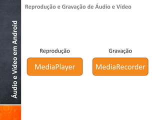 Reprodução e Gravação de Áudio e Vídeo
Áudio e Vídeo em Android




                                Reprodução              Gravação

                              MediaPlayer           MediaRecorder
 
