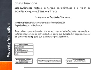 Como funciona
                     ValueAnimator rastreia o tempo de animação e o valor da
                     propriedade que está sendo animada.
                                         No exemplo da Animação Não-Linear

                     TimeInterpolator : AccelerateDecelerateInterpolator
Property Animation


                     TypeEvaluator : IntEvaluator

                     Para iniciar uma animação, cria-se um objeto ValueAnimator passando os
                     valores inicial e final da animação, bem como sua duração. Em seguida, invoca-
                     se o método start() para que a animação possa começar.
 