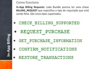 Como funciona
                 In-App Billing Requests: cada Bundle precisa ter uma chave
                 BILLING_REQUEST que especifica o tipo de requisição que está
                 sendo feita. São cinco tipos suportados:
In-App Billing
 