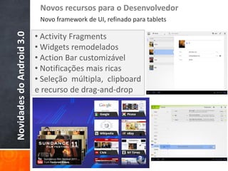 Novos recursos para o Desenvolvedor
                            Novo framework de UI, refinado para tablets

                           • Activity Fragments
Novidades do Android 3.0

                           • Widgets remodelados
                           • Action Bar customizável
                           • Notificações mais ricas
                           • Seleção múltipla, clipboard
                           e recurso de drag-and-drop
 