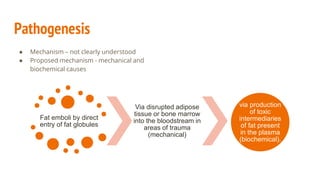 Pathogenesis
● Mechanism – not clearly understood
● Proposed mechanism - mechanical and
biochemical causes
Fat emboli by direct
entry of fat globules
Via disrupted adipose
tissue or bone marrow
into the bloodstream in
areas of trauma
(mechanical)
via production
of toxic
intermediaries
of fat present
in the plasma
(biochemical).
 