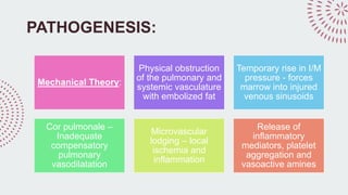 PATHOGENESIS:
Mechanical Theory:
Physical obstruction
of the pulmonary and
systemic vasculature
with embolized fat
Temporary rise in I/M
pressure - forces
marrow into injured
venous sinusoids
Cor pulmonale –
Inadequate
compensatory
pulmonary
vasodilatation
Microvascular
lodging – local
ischemia and
inflammation
Release of
inflammatory
mediators, platelet
aggregation and
vasoactive amines
 