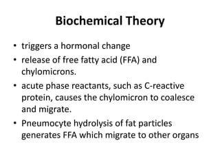 Biochemical Theory
• triggers a hormonal change
• release of free fatty acid (FFA) and
chylomicrons.
• acute phase reactants, such as C-reactive
protein, causes the chylomicron to coalesce
and migrate.
• Pneumocyte hydrolysis of fat particles
generates FFA which migrate to other organs
 
