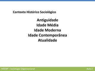 FATENP – Sociologia Organizacional Aula 2
Contexto Histórico Sociológico
Antiguidade
Idade Média
Idade Moderna
Idade Contemporânea
Atualidade
 