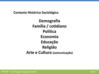 FATENP – Sociologia Organizacional Aula 2
Contexto Histórico Sociológico
Demografia
Família / cotidiano
Política
Economia
Educação
Religião
Arte e Cultura (comunicação)
 