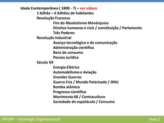 FATENP – Sociologia Organizacional Aula 2
Idade Contemporânea ( 1800 - ?) – ver vídeos
1 bilhão – 6 bilhões de habitantes
Revolução Francesa
Fim do Absolutismo Monárquico
Direitos humanos e civis / constituição / Parlamento
Três Poderes
Revolução Industrial
Avanço tecnológico e de comunicação
Administração científica
Bens de consumo
Pessoa Jurídica
Século XX
Energia Elétrica
Automobilismo e Aviação
Grandes Guerras
Guerra Fria / Mundo Polarizado / ONU
Bomba atômica
Progresso científico
Movimento 68 / Contracultura
Sociedade do espetáculo / Consumo
 