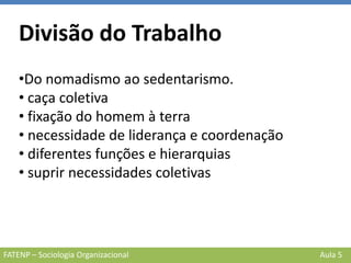 FATENP – Sociologia Organizacional Aula 5
Divisão do Trabalho
•Do nomadismo ao sedentarismo.
• caça coletiva
• fixação do homem à terra
• necessidade de liderança e coordenação
• diferentes funções e hierarquias
• suprir necessidades coletivas
 