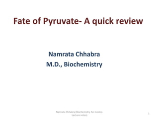 Fate of Pyruvate- A quick review
Namrata Chhabra
M.D., Biochemistry
1
Namrata Chhabra (Biochemistry for medics-
Lecture notes)
 