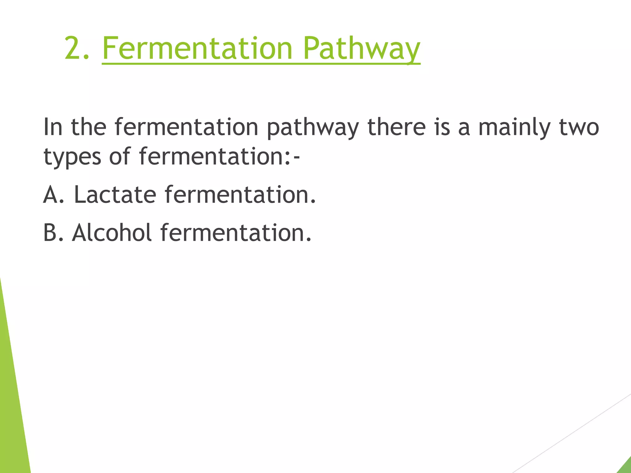 2. Fermentation Pathway
In the fermentation pathway there is a mainly two
types of fermentation:-
A. Lactate fermentation.
B. Alcohol fermentation.
 