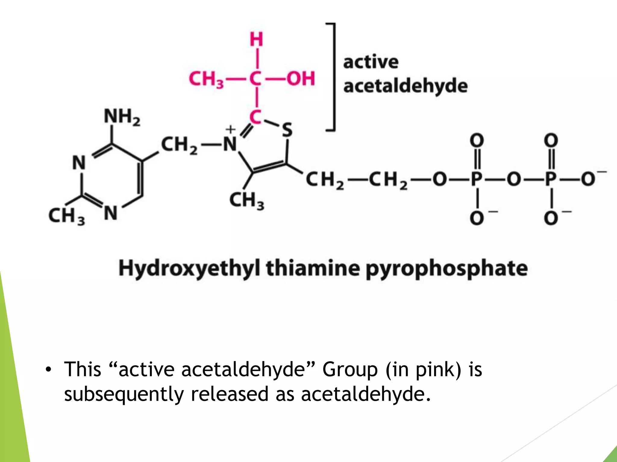 • This “active acetaldehyde” Group (in pink) is
subsequently released as acetaldehyde.
 