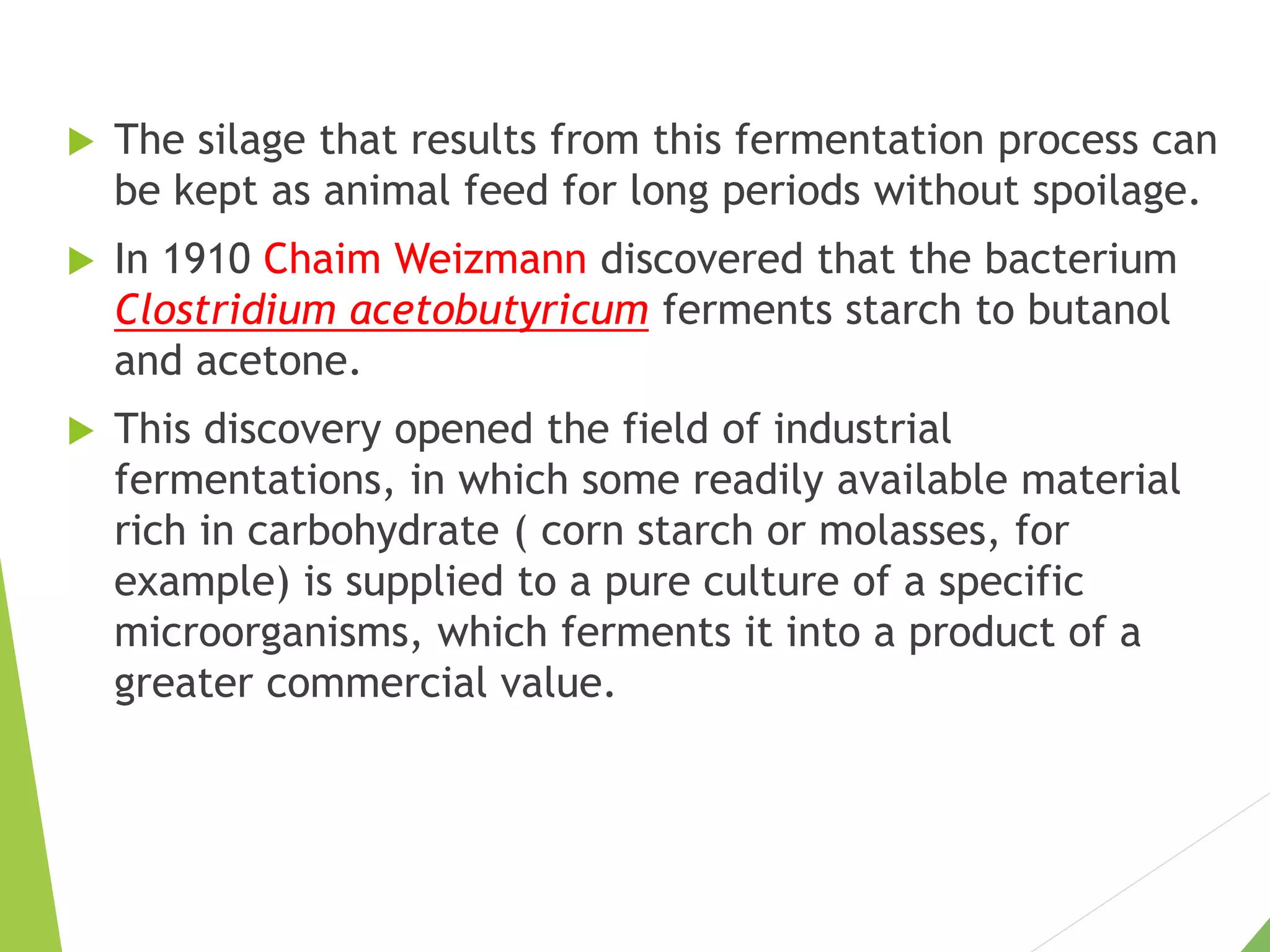  The silage that results from this fermentation process can
be kept as animal feed for long periods without spoilage.
 In 1910 Chaim Weizmann discovered that the bacterium
Clostridium acetobutyricum ferments starch to butanol
and acetone.
 This discovery opened the field of industrial
fermentations, in which some readily available material
rich in carbohydrate ( corn starch or molasses, for
example) is supplied to a pure culture of a specific
microorganisms, which ferments it into a product of a
greater commercial value.
 