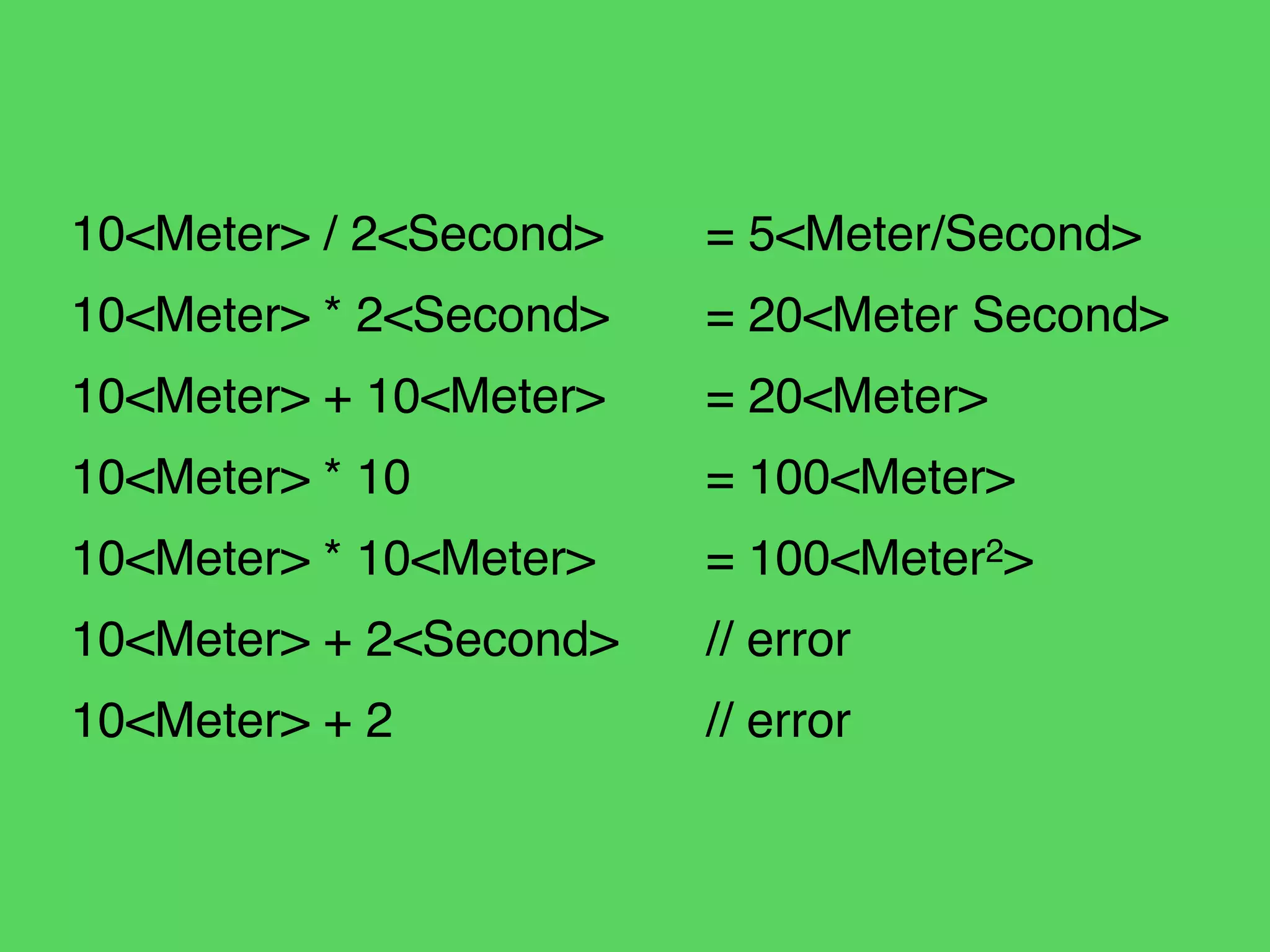 10<Meter> / 2<Second> ! = 5<Meter/Second>!
10<Meter> * 2<Second> ! = 20<Meter Second> !
10<Meter> + 10<Meter> ! = 20<Meter>!
10<Meter> * 10! ! ! = 100<Meter>!
10<Meter> * 10<Meter> ! = 100<Meter2>!
10<Meter> + 2<Second> ! // error!
10<Meter> + 2 ! ! ! // error
 