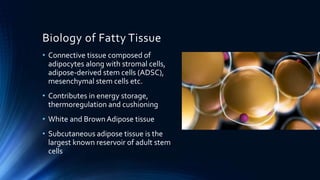 Biology of Fatty Tissue
• Connective tissue composed of
adipocytes along with stromal cells,
adipose-derived stem cells (ADSC),
mesenchymal stem cells etc.
• Contributes in energy storage,
thermoregulation and cushioning
• White and BrownAdipose tissue
• Subcutaneous adipose tissue is the
largest known reservoir of adult stem
cells
 