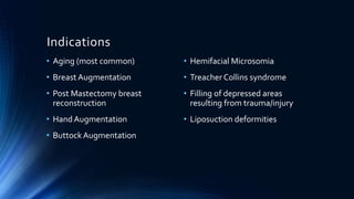 Indications
• Aging (most common)
• Breast Augmentation
• Post Mastectomy breast
reconstruction
• Hand Augmentation
• ButtockAugmentation
• Hemifacial Microsomia
• Treacher Collins syndrome
• Filling of depressed areas
resulting from trauma/injury
• Liposuction deformities
 