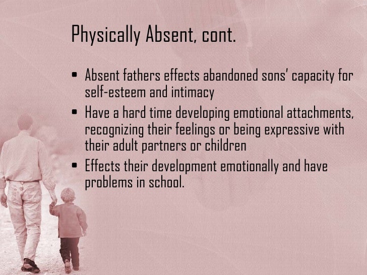 effect of absent fathers on child development Free college essay effects of absent fathers on daughters relationship development according to the us census bureau, 363% of children are living absent of their biological fathers. effect of absent fathers on child development Free college essay effects of absent fathers on daughters relationship development according to the us census bureau, 363% of children are living absent of their biological fathers.