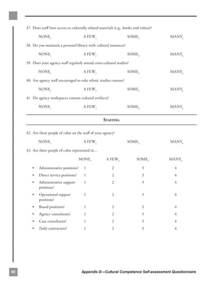 37. Does staﬀ have access to culturally related materials (e.g., books and videos)?


             NONE1                         A FEW2                       SOME3               MANY4

     38. Do you maintain a personal library with cultural resources?

             NONE1                         A FEW2                       SOME3               MANY4

     39. Does your agency staﬀ regularly attend cross-cultural studies?

             NONE1                         A FEW2                       SOME3               MANY4

     40. Are agency staﬀ encouraged to take ethnic studies courses?

             NONE1                         A FEW2                       SOME3               MANY4

     41. Do agency workspaces contain cultural artifacts?

             NONE1                         A FEW2                       SOME3               MANY4


                                                        STAFFING

     42. Are there people of color on the staﬀ of your agency?

             NONE1                         A FEW2                       SOME3               MANY4

     43. Are there people of color represented in…

                                         NONE1            A FEW2              SOME3         MANY4

         •   Administrative positions?     1                 2                   3            4
         •   Direct service positions?     1                 2                   3            4
         •   Administrative support        1                 2                   3            4
             positions?
         •   Operational support           1                 2                   3            4
             positions?
         •   Board positions?              1                 2                   3            4
         •   Agency consultants?           1                 2                   3            4
         •   Case consultants?             1                 2                   3            4
         •   (Sub) contractors?            1                 2                   3            4




92                                        Appendix D—Cultural Competence Self-assessment Questionnaire
 