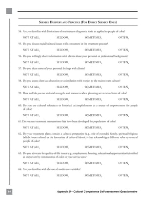 SERVICE DELIVERY AND PRACTICE (FOR DIRECT SERVICE ONLY)

     54. Are you familiar with limitations of mainstream diagnostic tools as applied to people of color?

         NOT AT ALL1                    SELDOM2                   SOMETIMES3                      OFTEN4

     55. 	Do you discuss racial/cultural issues with consumers in the treatment process?

         NOT AT ALL1                    SELDOM2                   SOMETIMES3                      OFTEN4

     56. Do you willingly share information with clients about your personal or professional background?

         NOT AT ALL1                    SELDOM2                   SOMETIMES3                      OFTEN4

     57. 	Do you share some of your personal feelings with clients?

         NOT AT ALL1                    SELDOM2                   SOMETIMES3                      OFTEN4

     58. Do you assess client acculturation or assimilation with respect to the mainstream culture?

         NOT AT ALL1                    SELDOM2                   SOMETIMES3                      OFTEN4

     59. 	How well do you see cultural strengths and resources when planning services to clients of color?

         NOT AT ALL1                    SELDOM2                   SOMETIMES3                      OFTEN4

     60. Do you use cultural references or historical accomplishments as a source of empowerment for people
         of color?

         NOT AT ALL1                    SELDOM2                   SOMETIMES3                      OFTEN4

     61. Do you use treatment interventions that have been developed for populations of color?

         NOT AT ALL1                    SELDOM2                   SOMETIMES3                      OFTEN4

     62. Do your treatment plans contain a cultural perspective (e.g., role of extended family, spiritual/religious
         beliefs, issues related to the formation of cultural identity) that acknowledges diﬀerent value systems of
         people of color?

         NOT AT ALL1                    SELDOM2                   SOMETIMES3                      OFTEN4

     63. Do you advocate for quality-of-life issues (e.g., employment, housing, educational opportunities) identiﬁed
         as important by communities of color in your service area?

         NOT AT ALL1                    SELDOM2                   SOMETIMES3                      OFTEN4

     64. Are you familiar with the use of moderator variables?

         NOT AT ALL1                    SELDOM2                   SOMETIMES3                      OFTEN4




94                                       Appendix D—Cultural Competence Self-assessment Questionnaire
 