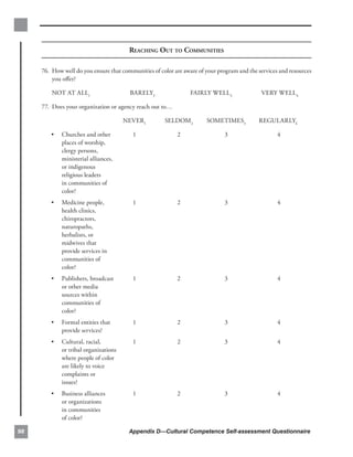 REACHING OUT TO COMMUNITIES

     76. How well do you ensure that communities of color are aware of your program and the services and resources
         you oﬀer?

         NOT AT ALL1                    BARELY2                  FAIRLY WELL3                VERY WELL4

     77. Does your organization or agency reach out to…

                                       NEVER1         SELDOM2          SOMETIMES3           REGULARLY4

        •    Churches and other          1                 2                  3                     4
             places of worship,
             clergy persons,
             ministerial alliances,
             or indigenous
             religious leaders
             in communities of
             color?
        •    Medicine people,            1                 2                  3                     4
             health clinics,
             chiropractors,
             naturopaths,
             herbalists, or
             midwives that
             provide services in
             communities of
             color?
        •    Publishers, broadcast       1                 2                  3                     4
             or other media
             sources within
             communities of
             color?
        •    Formal entities that        1                 2                  3                     4
             provide services?
        •    Cultural, racial,           1                 2                  3                     4
             or tribal organizations
             where people of color
             are likely to voice
             complaints or
             issues?
        •    Business alliances          1                 2                  3                     4
             or organizations
             in communities
             of color?

98                                      Appendix D—Cultural Competence Self-assessment Questionnaire
 