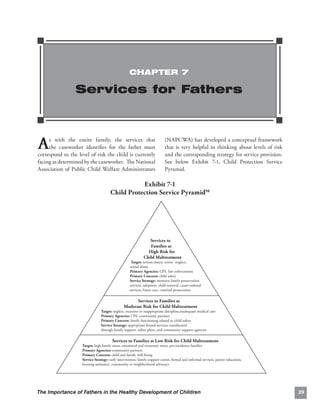 CHAPTER 7

                 Services for Fathers



A    s with the entire family, the services that
     the caseworker identiﬁes for the father must
correspond to the level of risk the child is currently
                                                                           (NAPCWA) has developed a conceptual framework
                                                                           that is very helpful in thinking about levels of risk
                                                                           and the corresponding strategy for service provision.
facing as determined by the caseworker. The National                       See below Exhibit 7-1, Child Protection Service
Association of Public Child Welfare Administrators                         Pyramid.

                                                  Exhibit 7-1

                                       Child Protection Service Pyramid98





                                                                Services to
                                                                Families at
                                                               High Risk for
                                                             Child Maltreatment
                                                     Target: serious injury, severe neglect,
                                                    sexual abuse
                                                    Primary Agencies: CPS, law enforcement
                                                    Primary Concern: child safety
                                                    Service Strategy: intensive family preservation
                                                    services, adoption, child removal, court-ordered
                                                    services, foster care, criminal prosecution

                                                      Services to Families at
                                                Moderate Risk for Child Maltreatment
                                Target: neglect, excessive or inappropriate discipline,inadequate medical care
                                Primary Agencies: CPS, community partners
                                Primary Concern: family functioning related to child safety
                                Service Strategy: appropriate formal services coordinated
                                through family support, safety plans, and community support agencies

                                        Services to Families at Low Risk for Child Maltreatment
                    Target: high family stress, emotional and economic stress, pre-incidence families
                    Primary Agencies: community partners
                    Primary Concern: child and family well-being
                    Service Strategy: early intervention, family support center, formal and informal services, parent education,
                    housing assistance, community or neighborhood advocacy




The Importance of Fathers in the Healthy Development of Children                                                                   39
 