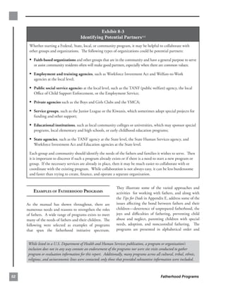 Exhibit 8-3
                                          Identifying Potential Partners112
      Whether starting a Federal, State, local, or community program, it may be helpful to collaborate with
      other groups and organizations. The following types of organizations could be potential partners:

      • Faith-based organizations and other groups that are in the community and have a general purpose to serve
         or assist community residents often will make good partners, especially when there are common values;

      • Employment and training agencies, such as Workforce Investment Act and Welfare-to-Work
         agencies at the local level;

      • Public social service agencies at the local level, such as the TANF (public welfare) agency, the local
         Oﬃce of Child Support Enforcement, or the Employment Service;

      • Private agencies such as the Boys and Girls Clubs and the YMCA;
      • Service groups, such as the Junior League or the Kiwanis, which sometimes adopt special projects for
         funding and other support;

      • Educational institutions, such as local community colleges or universities, which may sponsor special
         programs, local elementary and high schools, or early childhood education programs;

      • State agencies, such as the TANF agency at the State level, the State Human Services agency, and
         Workforce Investment Act and Education agencies at the State level.

      Each group and community should identify the needs of the fathers and families it wishes to serve. Then
      it is important to discover if such a program already exists or if there is a need to start a new program or
      group. If the necessary services are already in place, then it may be much easier to collaborate with or
      coordinate with the existing program. While collaboration is not always easy, it can be less burdensome
      and faster than trying to create, ﬁnance, and operate a separate organization.


                                                                  They illustrate some of the varied approaches and
         EXAMPLES OF FATHERHOOD PROGRAMS                          activities for working with fathers, and along with
                                                                  the Tips for Dads in Appendix E, address some of the
     As the manual has shown throughout, there are                issues aﬀecting the bond between fathers and their
     numerous needs and reasons to strengthen the roles           children—deterrence of unprepared fatherhood, the
     of fathers. A wide range of programs exists to meet          joys and diﬃculties of fathering, preventing child
     many of the needs of fathers and their children. The         abuse and neglect, parenting children with special
     following were selected as examples of programs              needs, adoption, and noncustodial fathering. The
     that span the fatherhood initiative spectrum.                programs are presented in alphabetical order and


      While listed in a U.S. Department of Health and Human Services publication, a program or organization’s
      inclusion does not in any way connote an endorsement of the programs nor were site visits conducted to gather
      program or evaluation information for this report. Additionally, many programs across all cultural, tribal, ethnic,
      religious, and socioeconomic lines were contacted; only those that provided substantive information were included.



52                                                                                               Fatherhood Programs
 