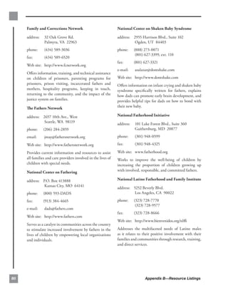 Family and Corrections Network 
                           National Center on Shaken Baby Syndrome

     address:   32 Oak Grove Rd.                                address:	 2955 Harrison Blvd., Suite 102
                Palmyra, VA 22963                                          Ogden, UT 84403
     phone:     (434) 589-3036                                  phone:     (888) 273-0071
                                                                            	
                                                                            (801) 627-3399, ext. 110
     fax:       (434) 589-6520
                                                                fax:	      (801) 627-3321
     Web site: http://www.fcnetwork.org
                                                                e-mail: 	 asalazar@dontshake.com
     Oﬀers information, training, and technical assistance
     on children of prisoners, parenting programs for           Web site: 	http://www.dontshake.com
     prisoners, prison visiting, incarcerated fathers and       Oﬀers information on infant crying and shaken baby
     mothers, hospitality programs, keeping in touch,           syndrome speciﬁcally written for fathers, explains
     returning to the community, and the impact of the          how dads can promote early brain development, and
     justice system on families.                                provides helpful tips for dads on how to bond with
     The Fathers Network                                        their new baby.

     address:	 2657 10th Ave., West                             National Fatherhood Initiative
               Seattle, WA 98119
                                                                address:   101 Lake Forest Blvd., Suite 360
     phone:     (206) 284-2859
                 	                                                         Gaithersburg, MD 20877
     email:     jmay@fathersnetwork.org
                	                                               phone:     (301) 948-0599

     Web site: 	 http://www.fathersnetwork.org                  fax:       (301) 948-4325

     Provides current information and resources to assist       Web site: www.fatherhood.org
     all families and care providers involved in the lives of   Works to improve the well-being of children by
     children with special needs.                               increasing the proportion of children growing up
     National Center on Fathering                               with involved, responsible, and committed fathers.

     address:	 P.O. Box 413888                                  National Latino Fatherhood and Family Institute
                Kansas City, MO 64141
                                                                address:	 5252 Beverly Blvd.
     phone:     (800) 593-DADS
                 	                                                         Los Angeles, CA 90022
     fax:	      (913) 384-4665                                  phone:     (323) 728-7770
                                                                            	
                                                                            (323) 728-9577
     e-mail: 	 dads@fathers.com
                                                                fax:	      (323) 728-8666
     Web site: 	 http://www.fathers.com
                                                                Web site: 	 http://www.bienvenidos.org/nlﬃ
     Serves as a catalyst in communities across the country
     to stimulate increased involvement by fathers in the       Addresses the multifaceted needs of Latino males
     lives of children by empowering local organizations        as it relates to their positive involvement with their
     and individuals.                                           families and communities through research, training,
                                                                and direct services.




80                                                                                Appendix B—Resource Listings
 
