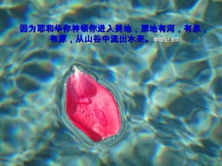 因为耶和华你神领你进入美地，那地有河，有泉，有源，从山谷中流出水来。申命记 8:7